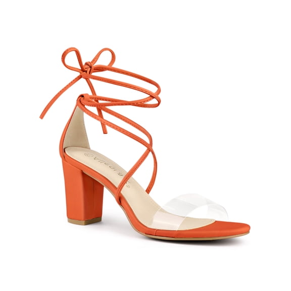 BLISSFUL STEP Women's Clear Strap Block Heel Lace up Heels Sandals Orange (Size 8.5)