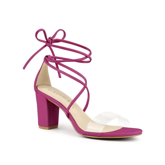 BLISSFUL STEP Women's Clear Strap Block Heel Lace up Heels Sandals Hot Pink (Size 7.5)