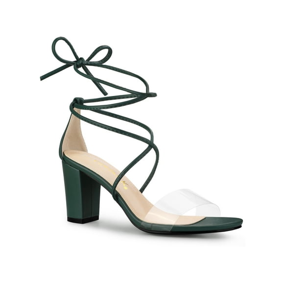 BLISSFUL STEP Women's Clear Strap Block Heel Lace up Heels Sandals Dark Green (Size 7)