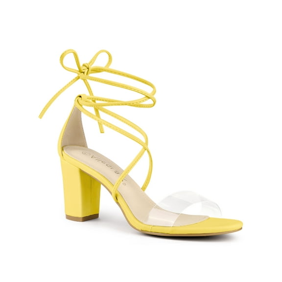 BLISSFUL STEP Women's Clear Strap Block Heel Lace up Heels Sandals Yellow (Size 8.5)