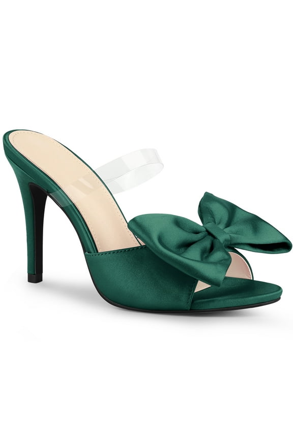Women's Clear Strap Bow Stiletto Heels Mules Slide Sandals Dark Green (Size 7)