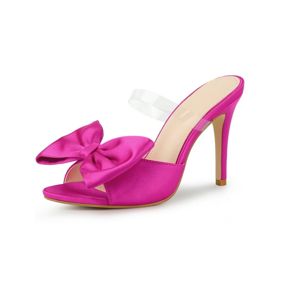 BLISSFUL STEP Women's Clear Strap Bow Stiletto Heels Mules Slide Sandals Hot Pink (Size 7)
