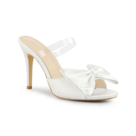 BLISSFUL STEP Women's Clear Strap Bow Stiletto Heels Mules Slide Sandals White (Size 8)