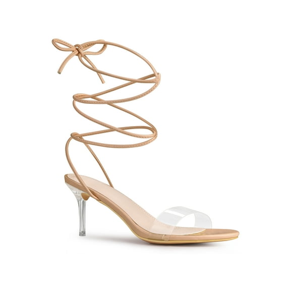 BLISSFUL STEP Women's Clear Strap Lace Up Clear Stiletto Heel Sandals Nude 9