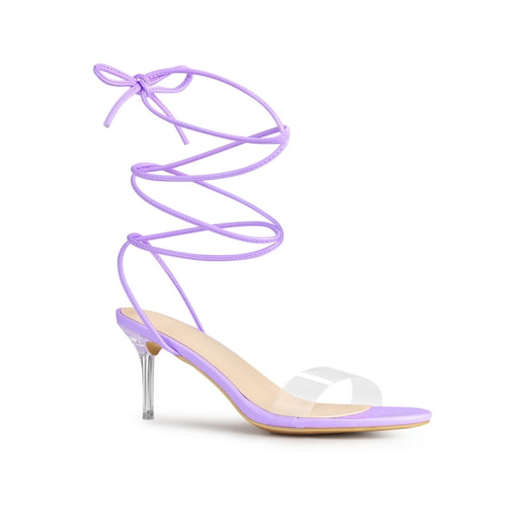 BLISSFUL STEP Women's Clear Strap Lace Up Clear Stiletto Heel Sandals Purple 10