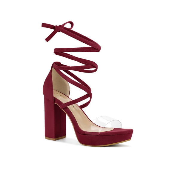 BLISSFUL STEP Women's Clear Strap Platform Lace up Block Heel Sandals Burgundy 9