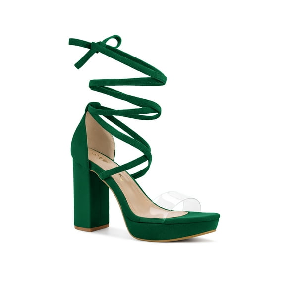 BLISSFUL STEP Women's Clear Strap Platform Lace up Block Heel Sandals Dark Green 10