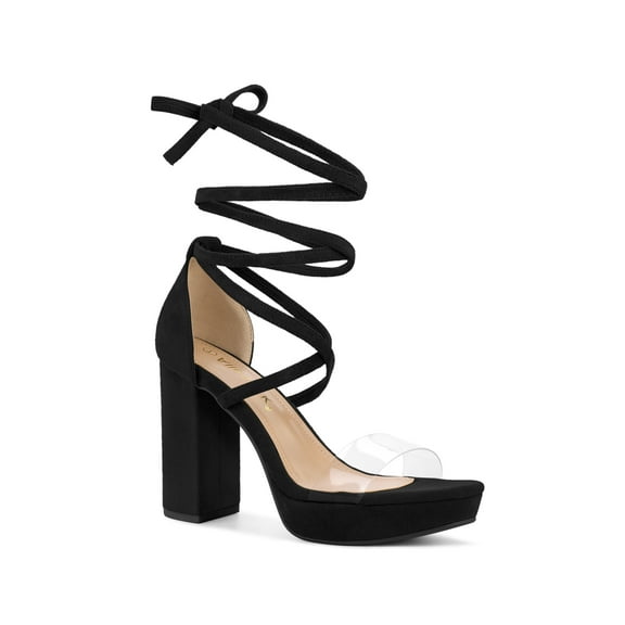 BLISSFUL STEP Women's Clear Strap Platform Lace up Block Heel Sandals Black 10