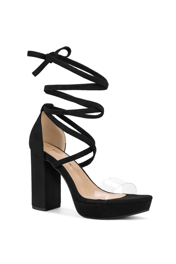 Women's Clear Strap Platform Lace up Block Heel Sandals Black 10