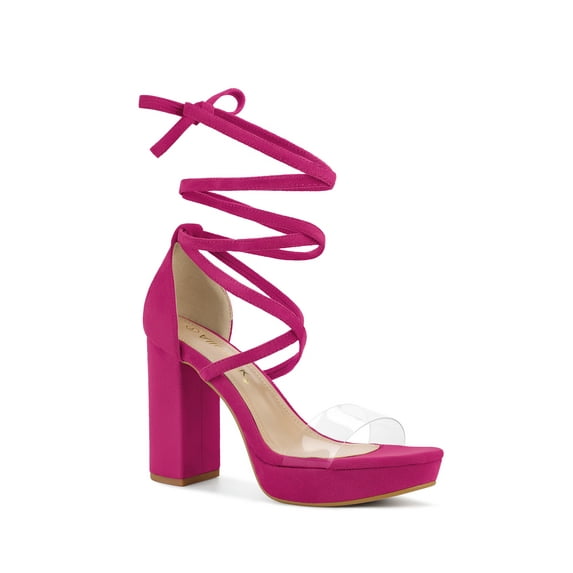BLISSFUL STEP Women's Clear Strap Platform Lace up Block Heel Sandals Hot Pink 6