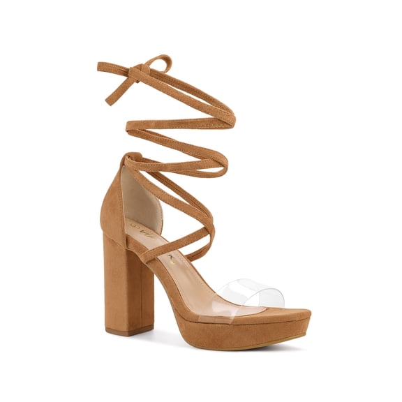 BLISSFUL STEP Women's Clear Strap Platform Lace up Block Heel Sandals Brown 7.5