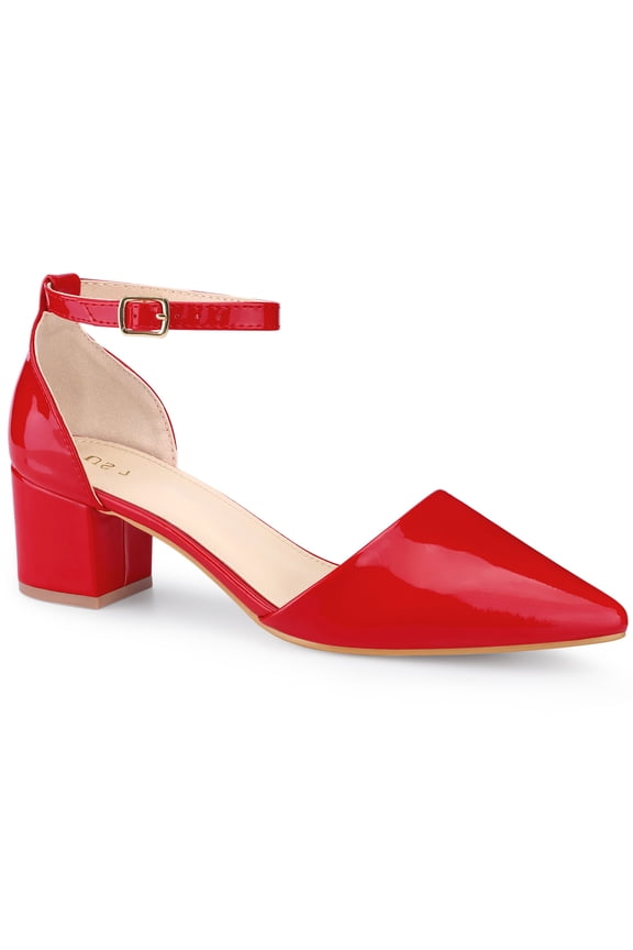 Women's Closed Pointed Toe Ankle Strap Low Chunky Heels Pumps Red (Size 10)