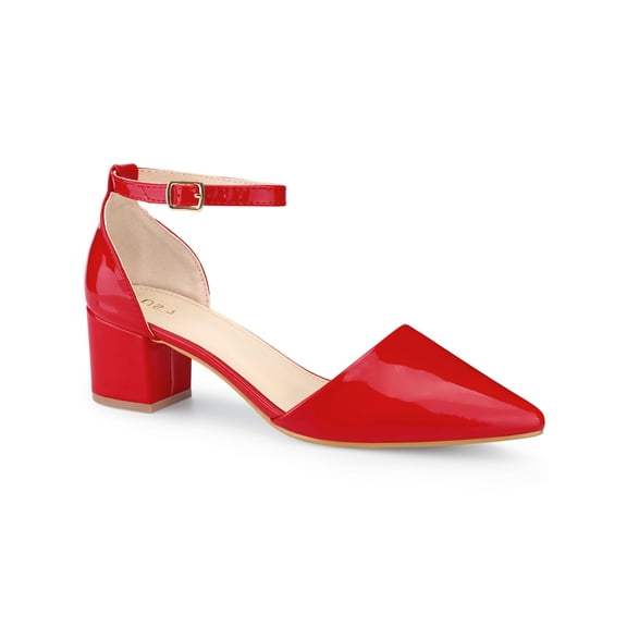 BLISSFUL STEP Women's Closed Pointed Toe Ankle Strap Low Chunky Heels Pumps Red (Size 10)