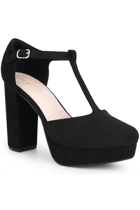 Allegra K Women's Closed Toe Block Heels T-Strap Platform Pumps Black (Size 10)