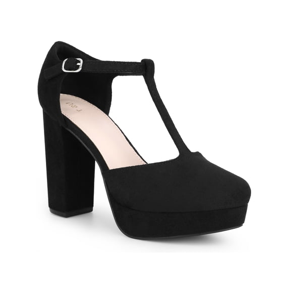 BLISSFUL STEP Women's Closed Toe Block Heels T-Strap Platform Pumps Black 6