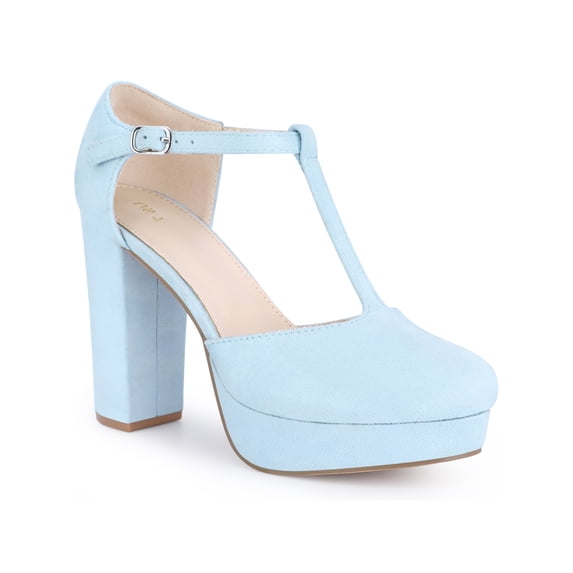 BLISSFUL STEP Women's Closed Toe Block Heels T-Strap Platform Pumps Sky Blue 7