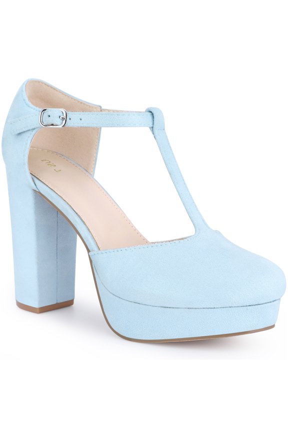 Allegra K Women's Closed Toe Block Heels T-Strap Platform Pumps Sky Blue (Size 7)