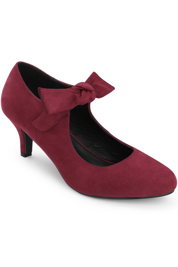 Allegra K Women's Closed Toe Knot Kitten Heel Mary Jane Pumps Burgundy (Size 8.5)