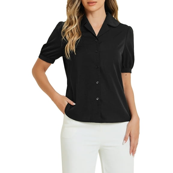 INSPIRE CHIC Women's Collar Top Button Front Short Sleeves to Work Shirts