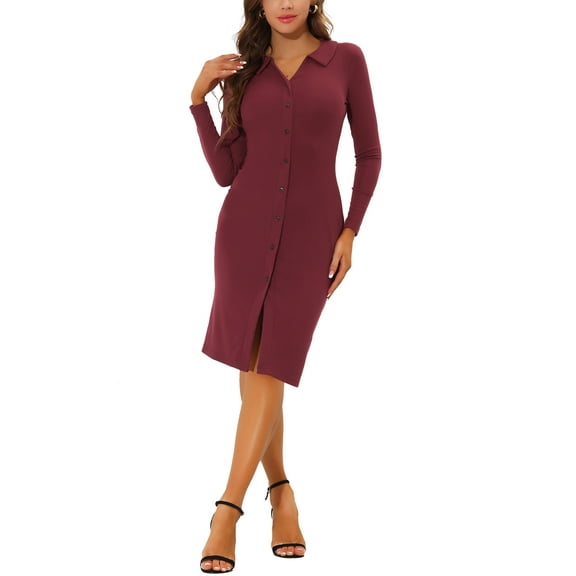 INSPIRE CHIC Women's Collar V Neck Button Decor Long Sleeve Slit Front Knit Bodycon Dress Burgundy L