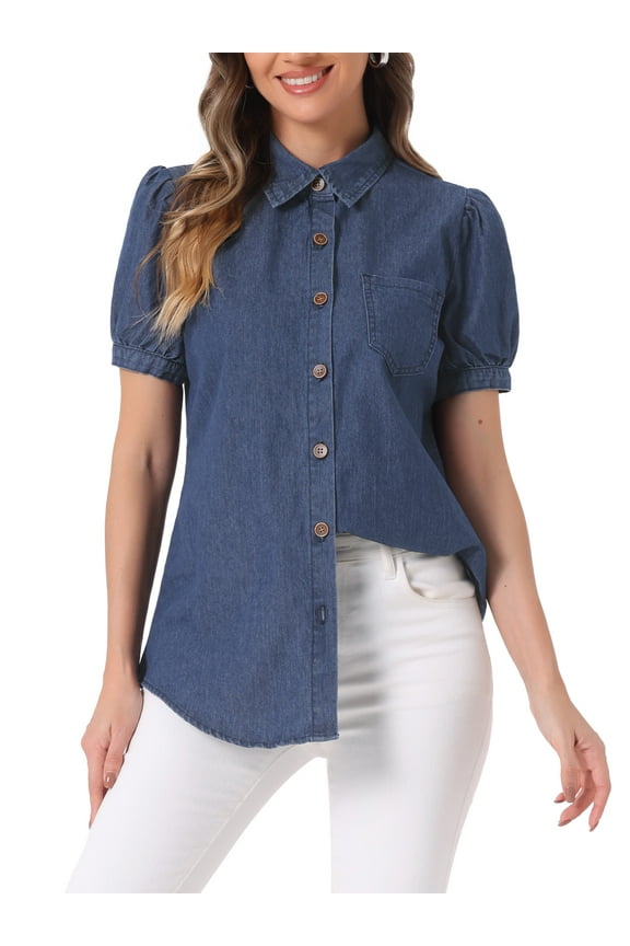 Women's Collared Short Sleeve Button Up Jean Shirt M Deep Blue