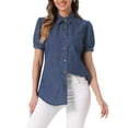 thumbnail image 1 of INSPIRE CHIC Women's Collared Short Sleeve Button Up Jean Shirt XL Deep Blue, 1 of 6