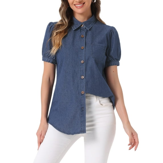 INSPIRE CHIC Women's Collared Short Sleeve Button Up Jean Shirt XL Deep Blue