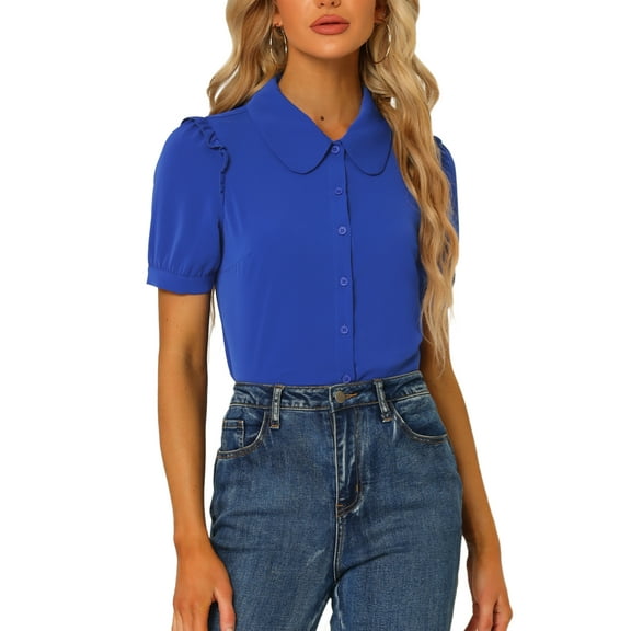 INSPIRE CHIC Women's Collared Top Peter Pan Collar Short Sleeve Button Front Shirts S Royal Blue