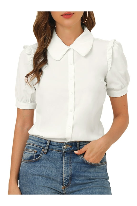 Women's Collared Top Peter Pan Collar Short Sleeve Button Front Shirts S White