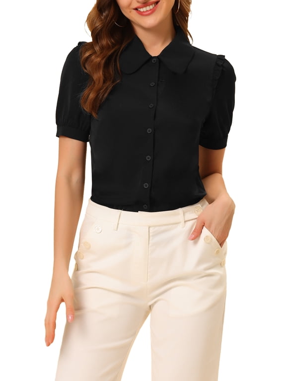 Women's Collared Top Peter Pan Collar Short Sleeve Button Front Shirts XS Black