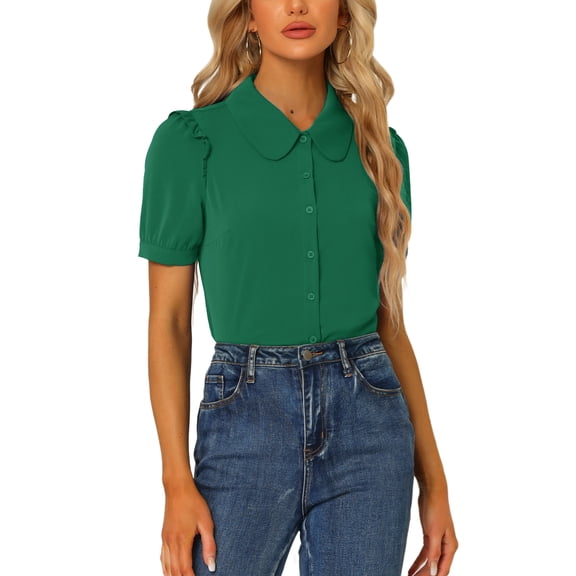 INSPIRE CHIC Women's Collared Top Peter Pan Collar Short Sleeve Button Front Shirts XS Dark Green