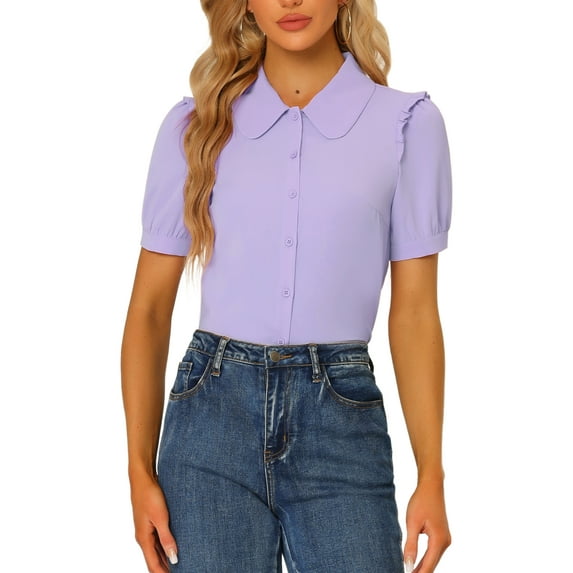 INSPIRE CHIC Women's Collared Top Peter Pan Collar Short Sleeve Button Front Shirts XS Purple