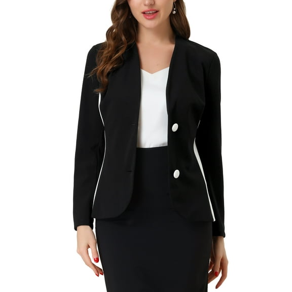 INSPIRE CHIC Women's Collarless Long Sleeve Button Contrast Color Business Blazer Black XS