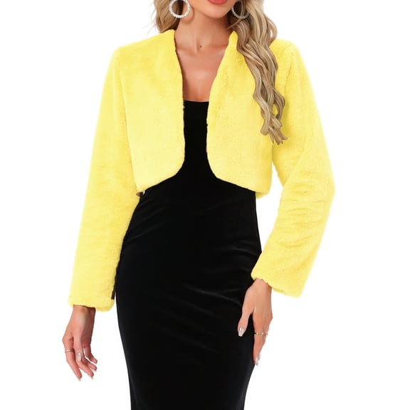 INSPIRE CHIC Women's Collarless Long Sleeve Open Front Faux Fur Shrug Cropped Coat XS(2) Light Yellow