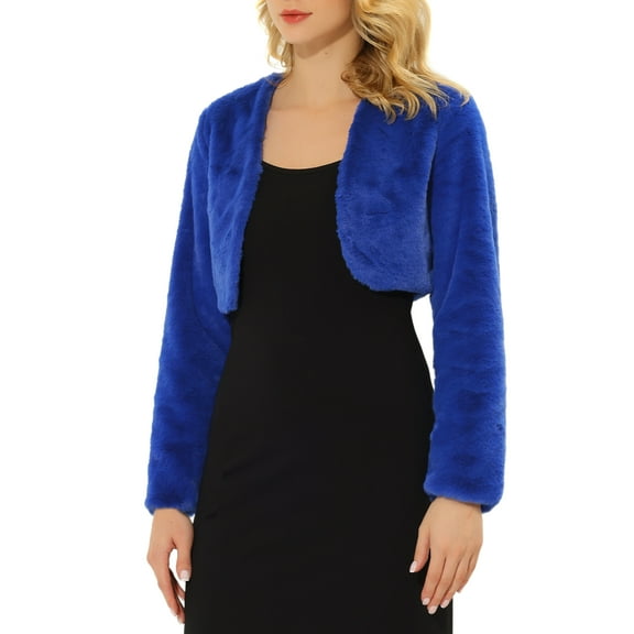 INSPIRE CHIC Women's Collarless Long Sleeve Open Front Faux Fur Shrug Cropped Coat L Royal Blue