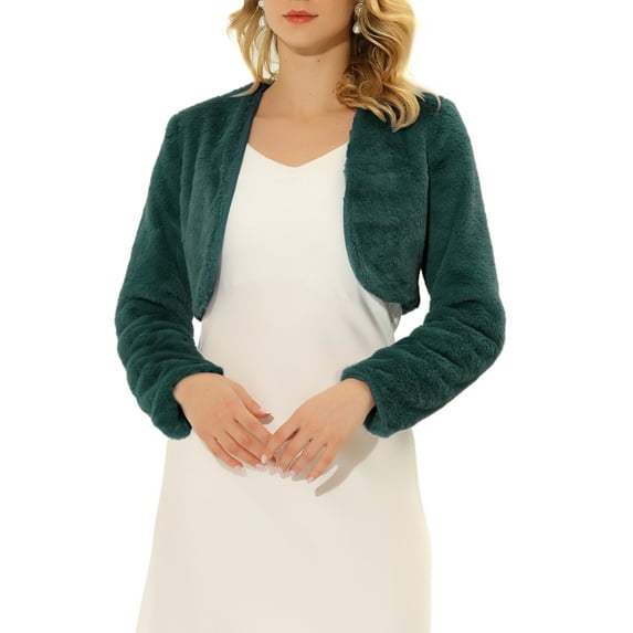 INSPIRE CHIC Women's Collarless Long Sleeve Open Front Faux Fur Shrug Cropped Coat XL Dark Green
