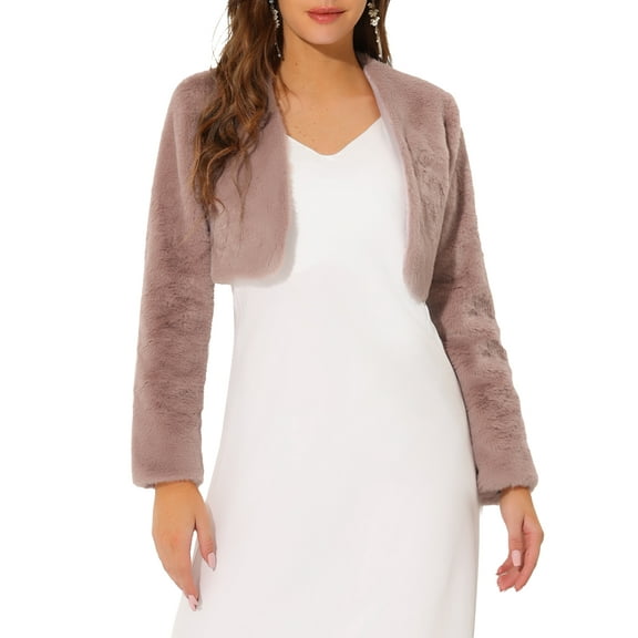 INSPIRE CHIC Women's Collarless Long Sleeve Open Front Faux Fur Shrug Cropped Coat M Dusty Pink