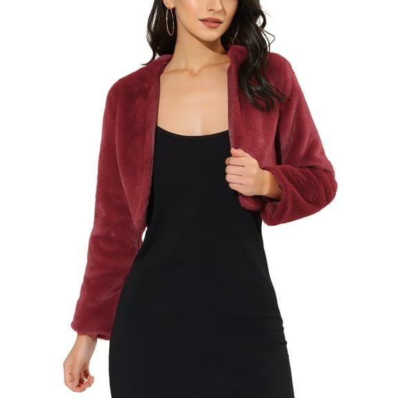 INSPIRE CHIC Women's Collarless Long Sleeve Open Front Faux Fur Shrug Cropped Coat M Wine Red