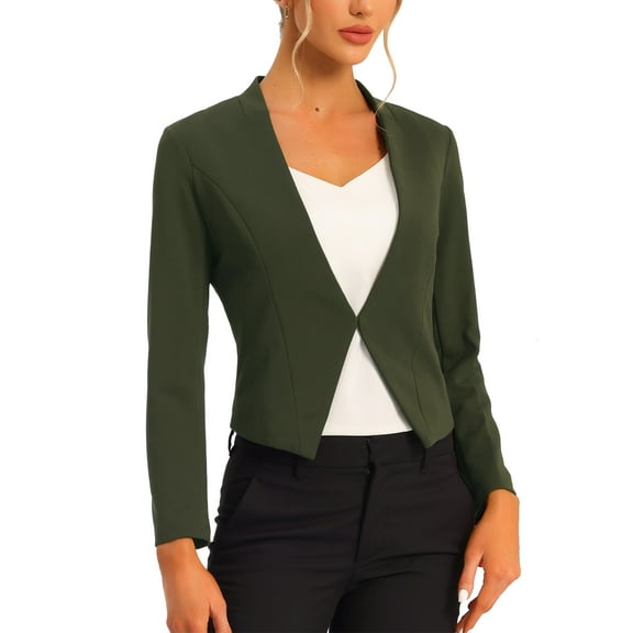 Women's Work Office Blazer Collarless Business Casual Suit Jacket Cropped Blazer S Army Green