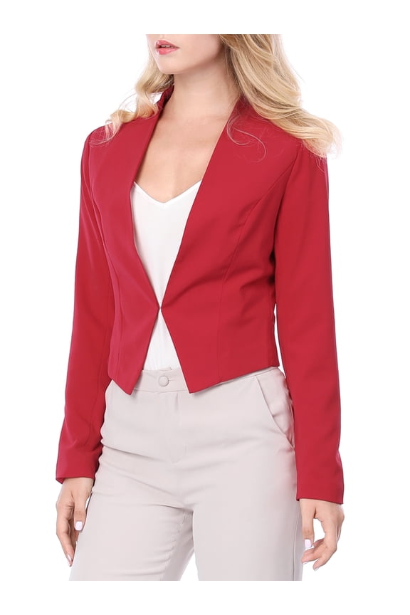 Women's Work Office Blazer Collarless Business Casual Suit Jacket Cropped Blazer L Red