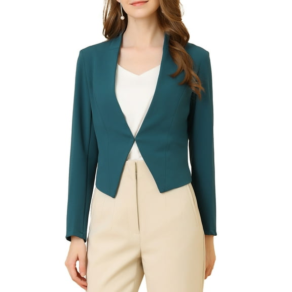 Women's Work Office Blazer Collarless Business Casual Suit Jacket Cropped Blazer L Peacock Blue