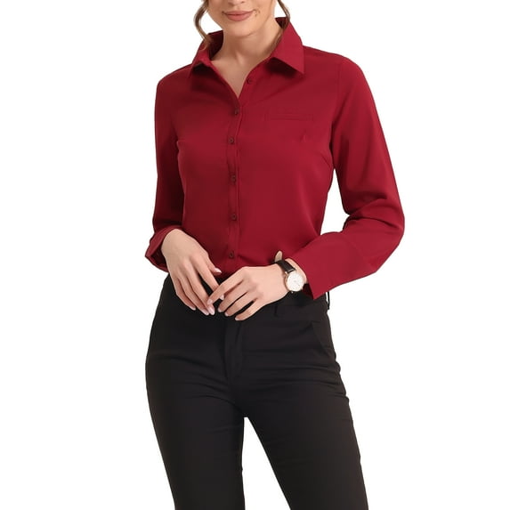 INSPIRE CHIC Women's Color Block Button Down Long Sleeve Work Shirt M Solid Red
