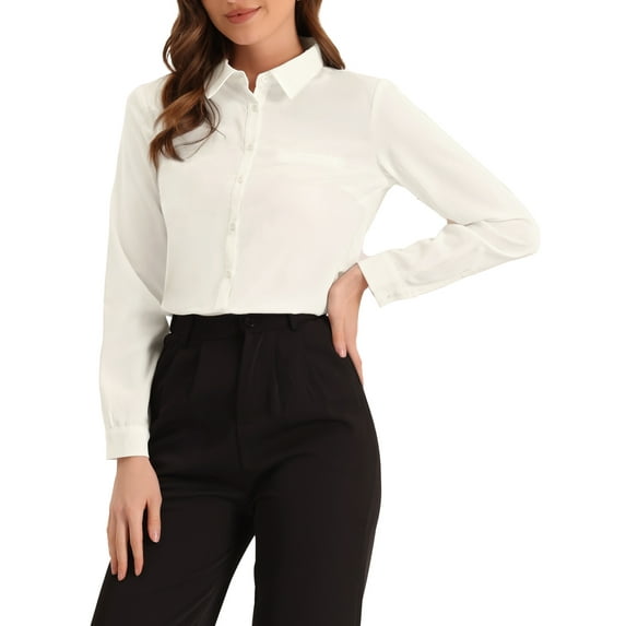 INSPIRE CHIC Women's Color Block Button Down Long Sleeve Work Shirt S Solid White