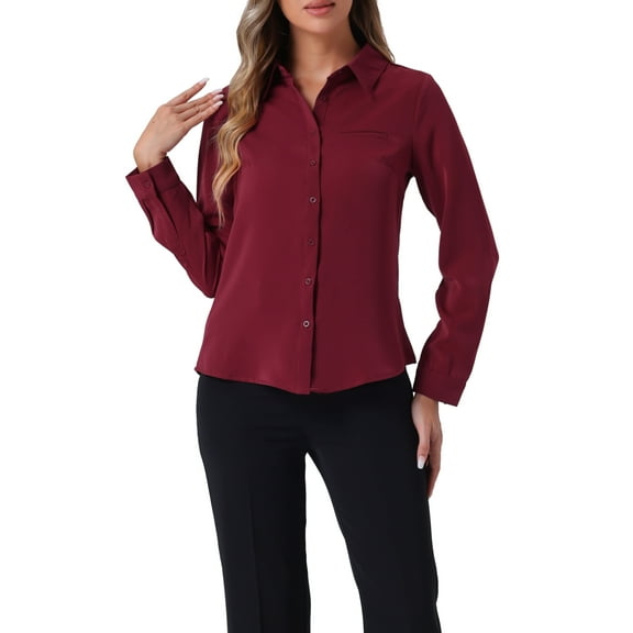 INSPIRE CHIC Women's Color Block Button Down Long Sleeve Work Shirt XL Solid Wine Red
