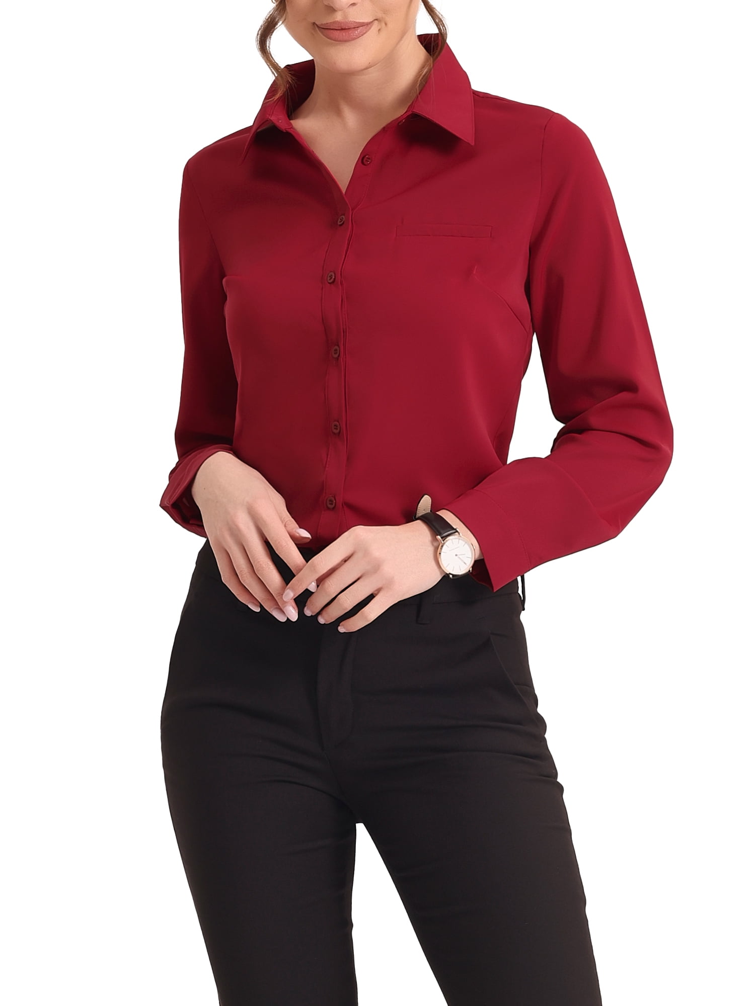 Allegra K Women's Color Block Button Down Long Sleeve Work Shirt 
