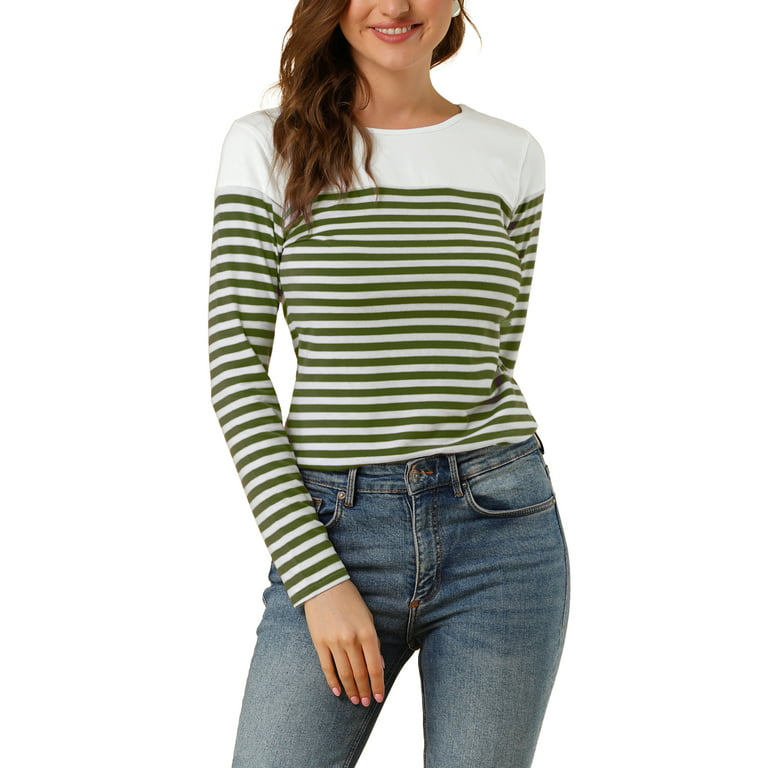 Allegra K Women's Color Block Long Sleeve Striped Causal T-Shirt 