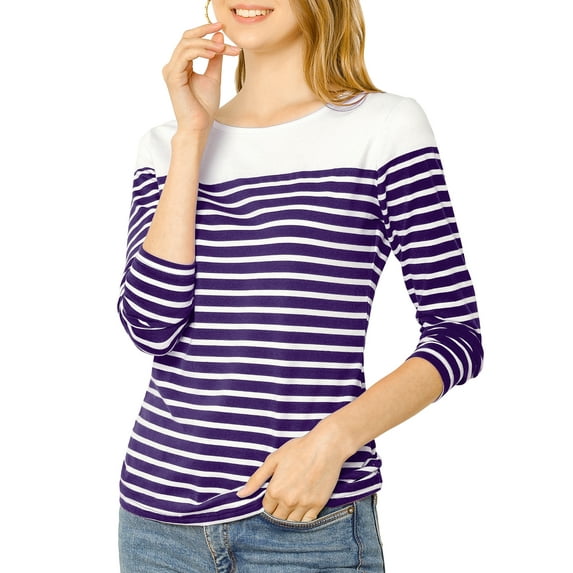 Allegra K Women's Color Block Long Sleeve Striped Causal T-Shirt