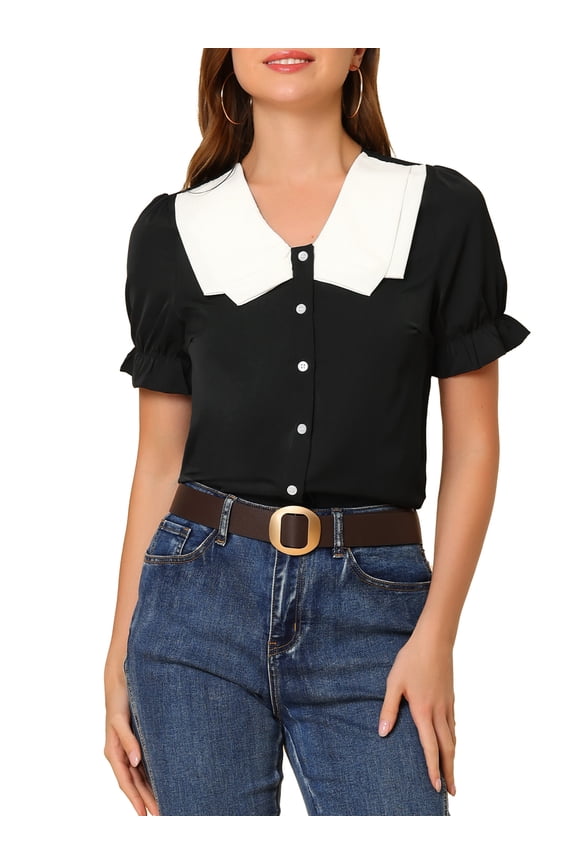 Women's Contrast Butterfly Collar Summer Retro Puff Short Sleeve Blouse Shirt Black XS