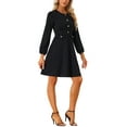 thumbnail image 1 of INSPIRE CHIC Women's Contrast Button Decor Long Sleeve Wear-to-Work Dress S Black, 1 of 6