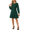 thumbnail image 1 of INSPIRE CHIC Women's Contrast Button Decor Long Sleeve Wear-to-Work Dress S Green, 1 of 6